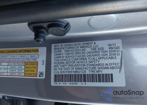 2021 Honda Passport Awd Ex-L z USA, uszkodzony, nr VIN 5FNYF8H51MB027229